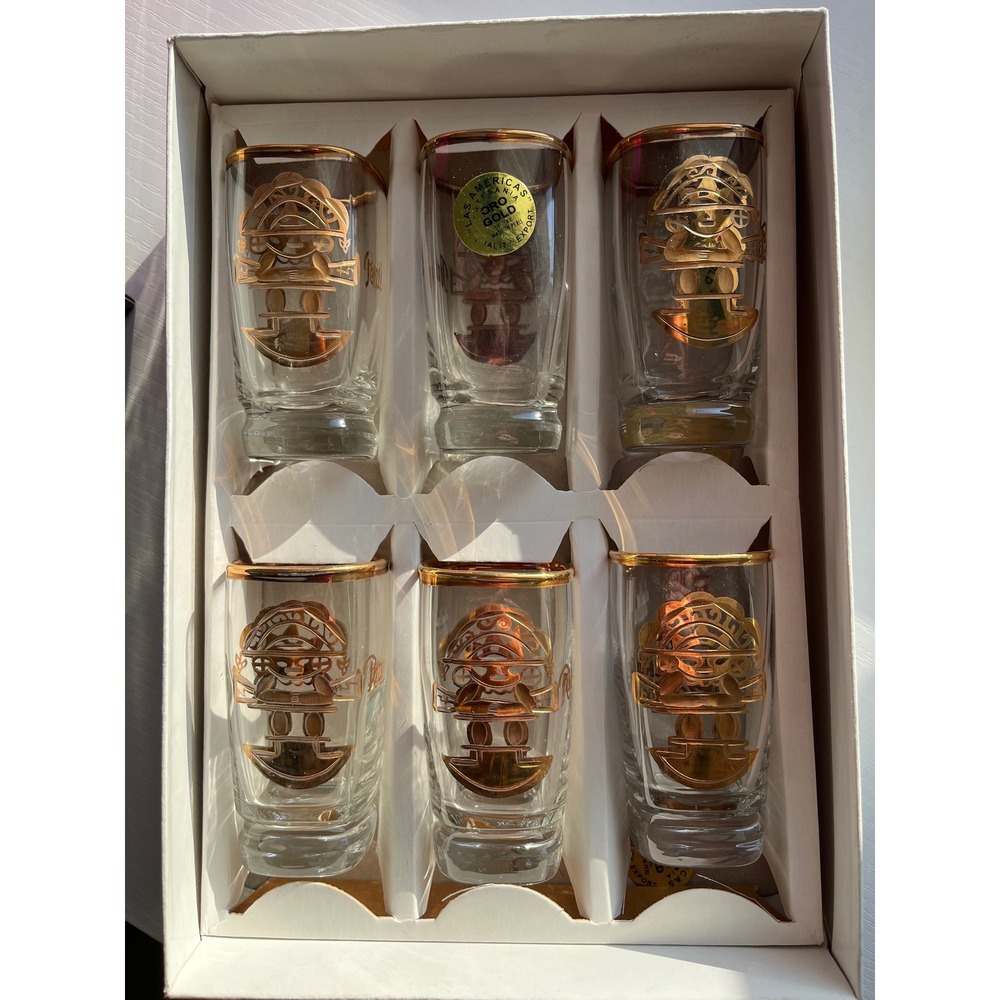 Vintage Peru 14K Gold Leaf Tumi Shot Glasses Set of 6 Oro Gold Made‎ in Peru 3"
